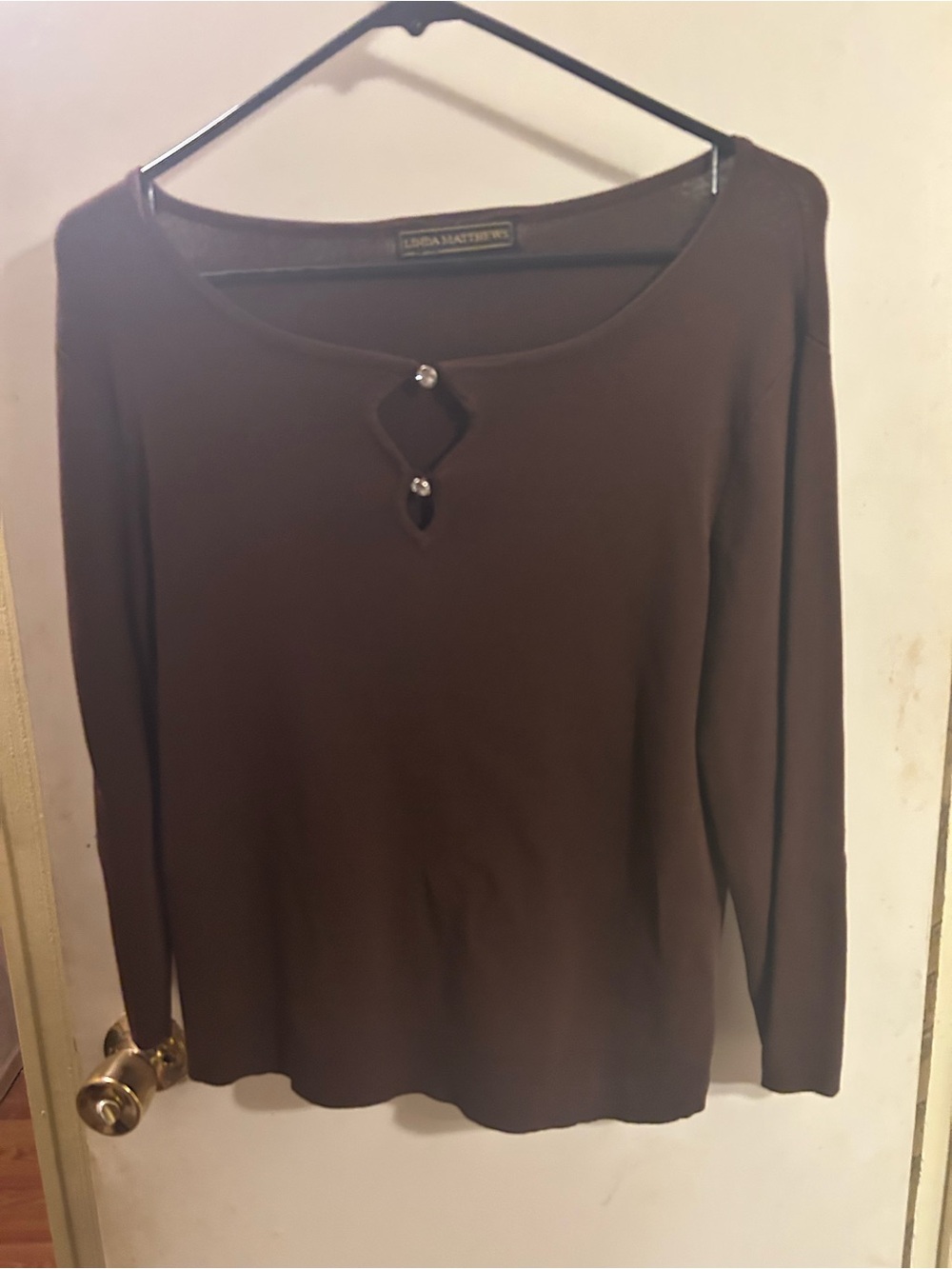 Linda Matthews Brown Long Sleeve Top with Decorative Neck Detail